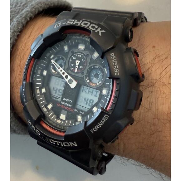 Casio G-Shock GA-100 Black & Red Analog Digital Shock Resistant Watch WR200M - Picture 3 of 16